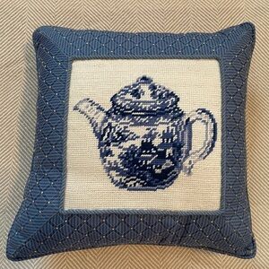 NEW Needlepoint Blue And White Teapot Pillow